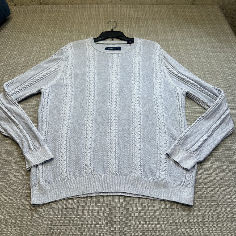 Tommy Bahama Silk Blend Sweater Mens XL Blue Cable Knit‎ Guernsey Coastal *